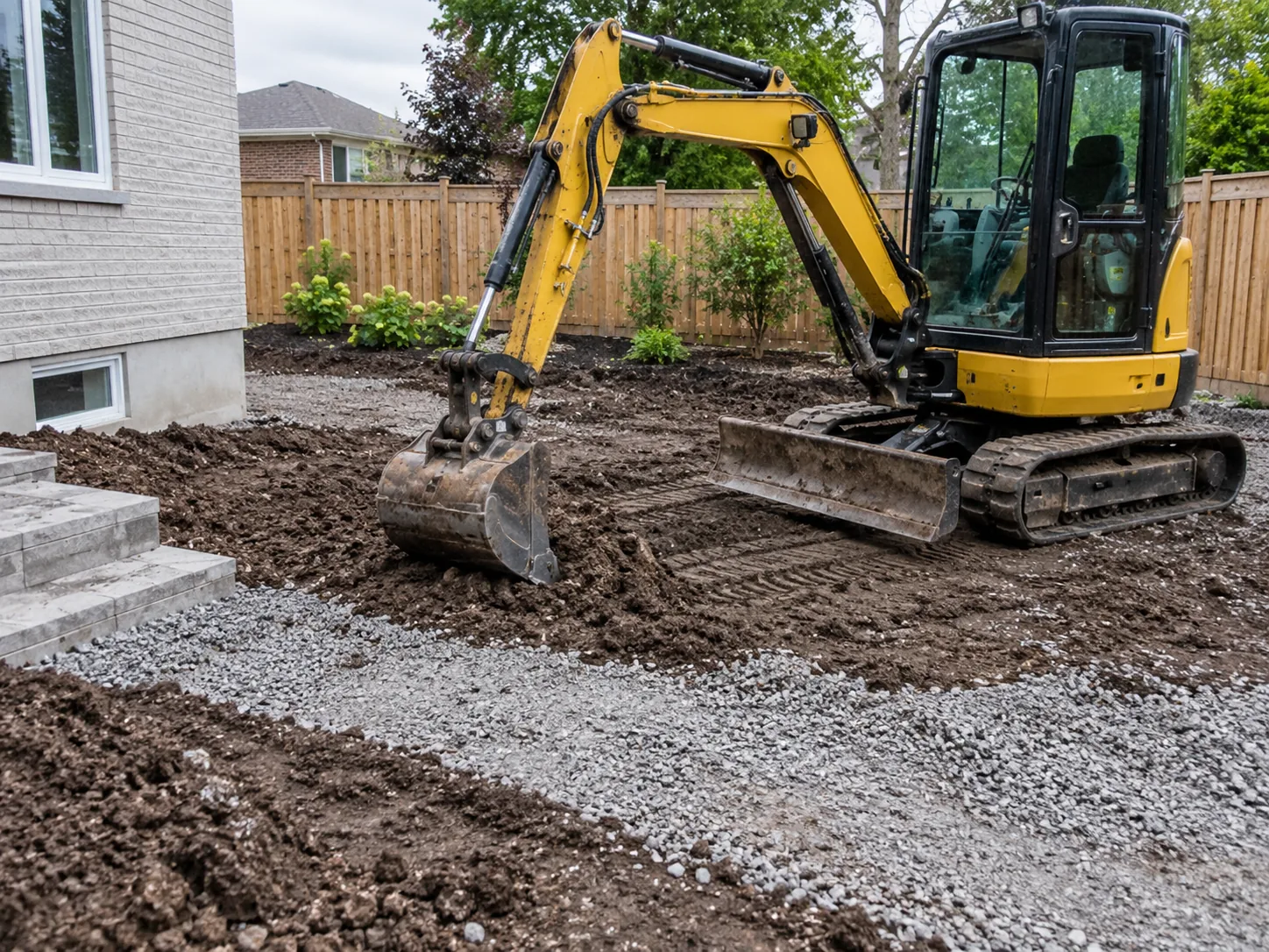 Illustration of compact excavator preparing a residential site