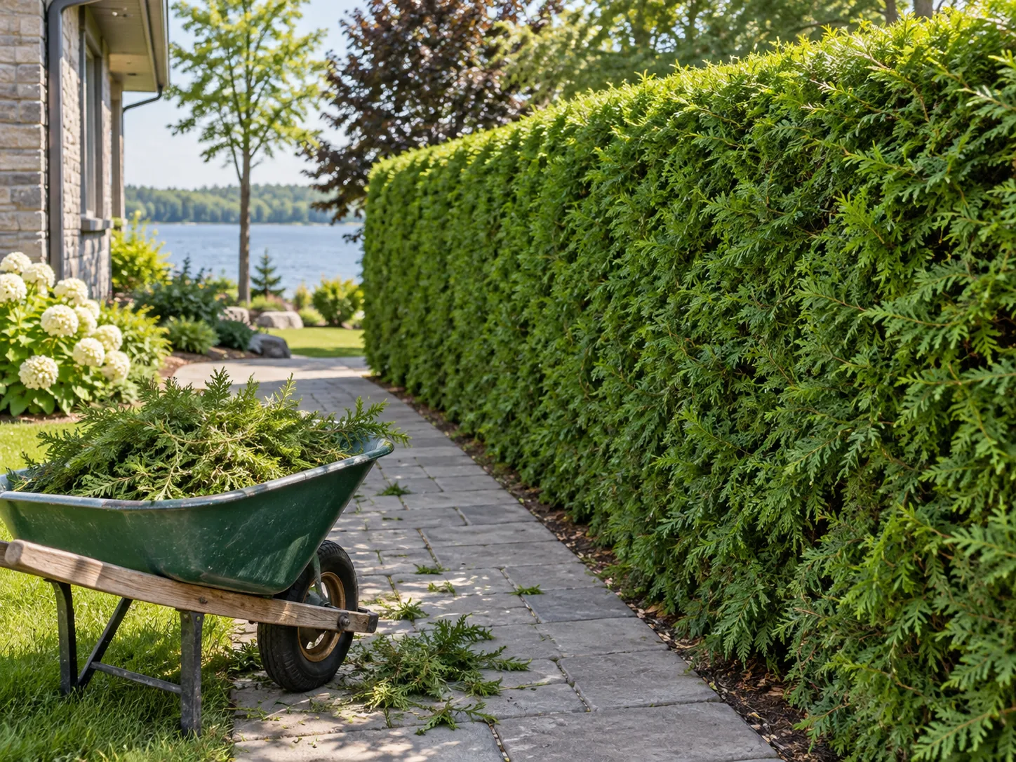 Illustration of a trimmed cedar hedge with branches collected for cleanup