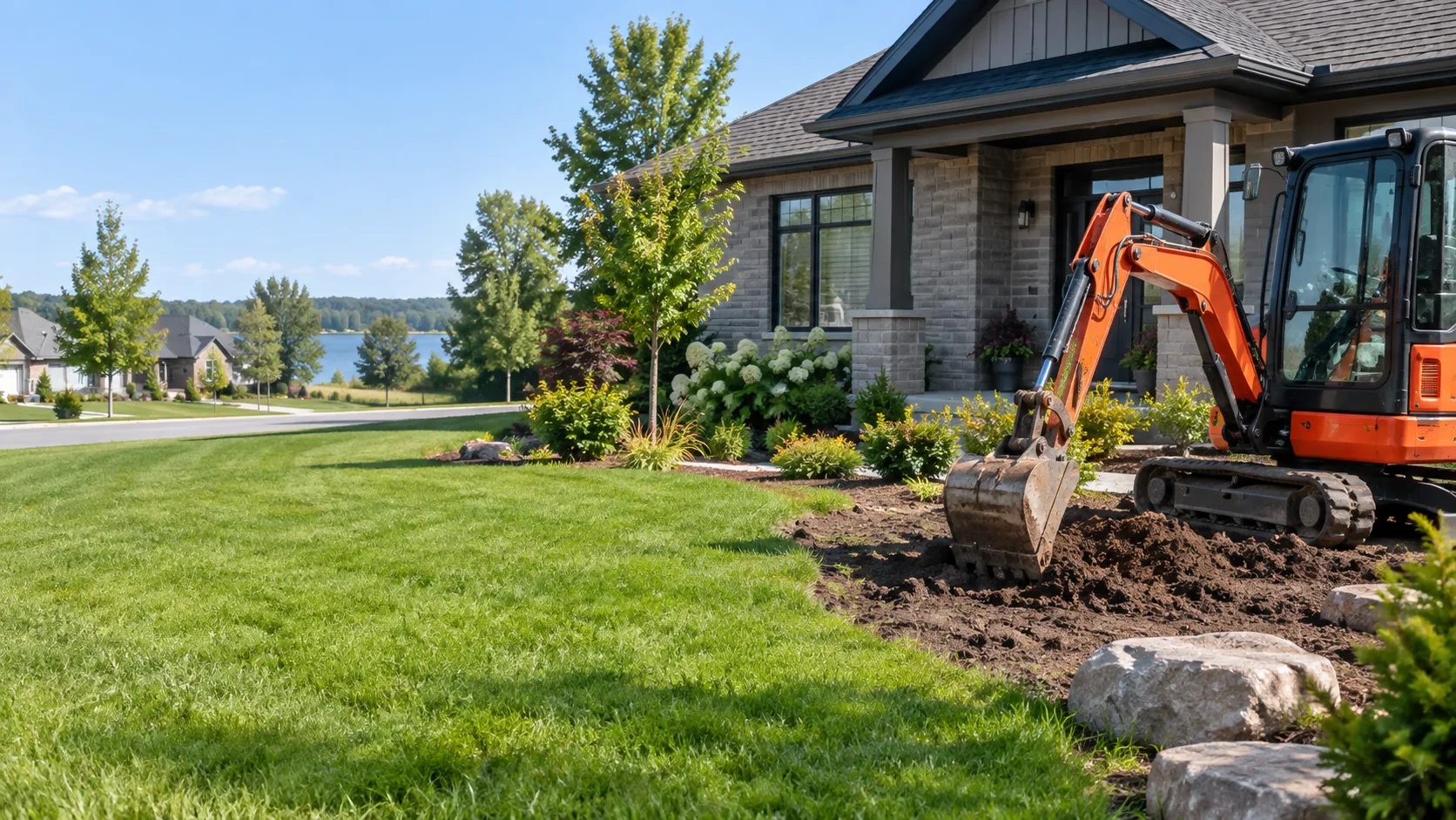 Illustration of landscaping work with a compact excavator at a residential property