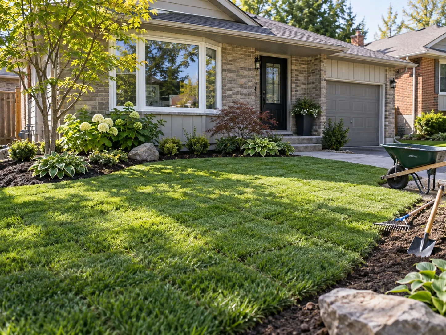 Illustration of a freshly landscaped lawn and garden beds